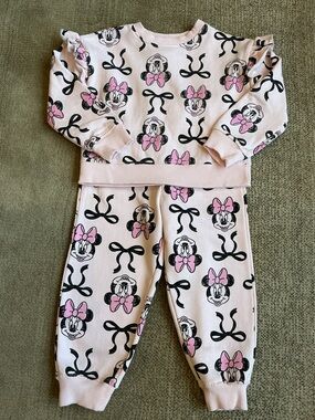 🐭 Disney Girls Pink Minnie Mouse Bubble Bow Sweatshirt & Joggers Set Sz 3T